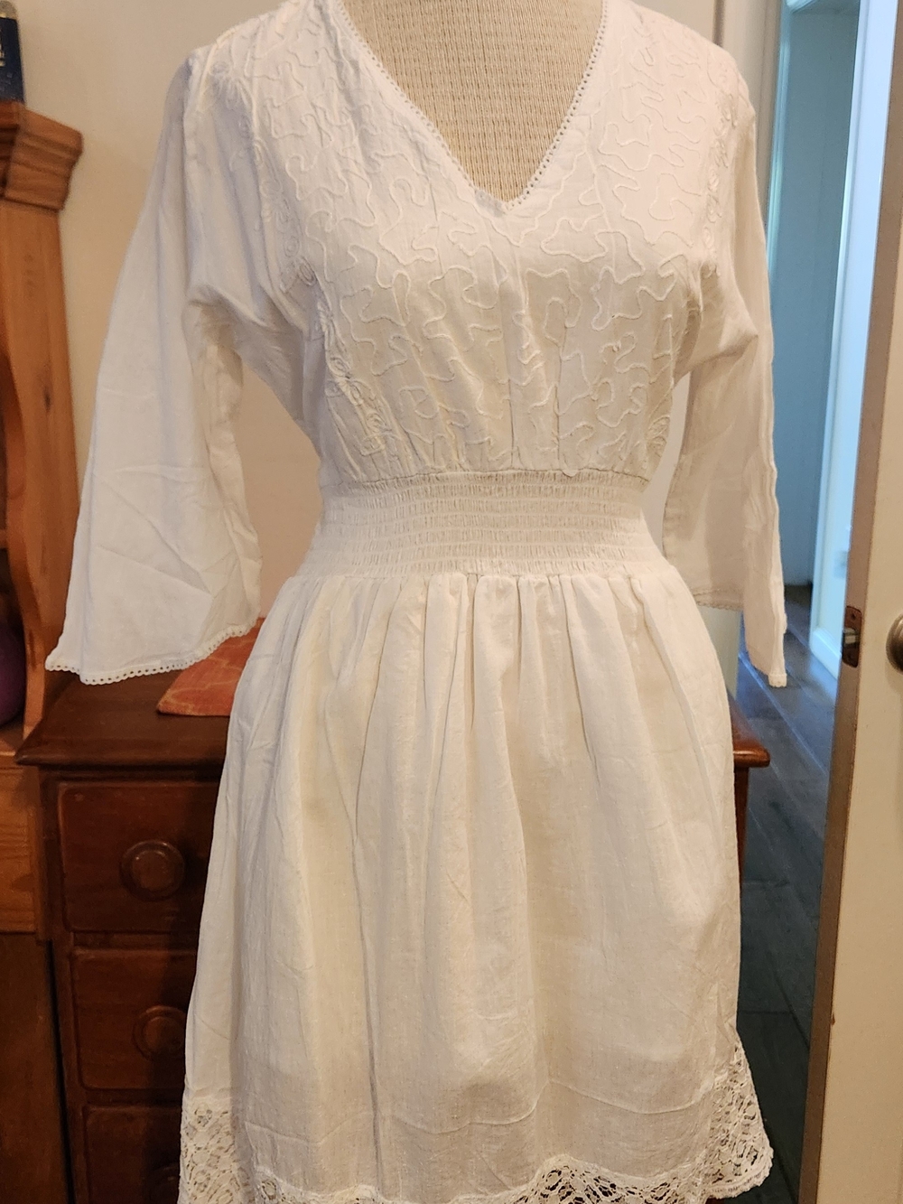White Waves V-Neck Smocked Waist Cotton Dress